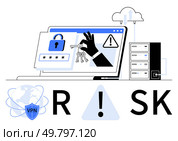 Open laptop showing security icons thumbs up locked padlock, passwords, hand holding keys, and warning sign. Ideal for cybersecurity awareness, data protection, risk analysis, VPN services, IT. Cybersecurity Threats Hand with Keys On Laptop Display Representing Data Breach Risk. Стоковая иллюстрация, агентство Ingram Publishing / Фотобанк Лори