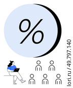 Woman seated with laptop large percentage symbol, six person icons below. Ideal for financial analysis, productivity, business growth, online education, statistics, workforce, remote work. Line. Woman Working on Laptop Beside Large Percentage Symbol and Group of People Icons. Стоковая иллюстрация, агентство Ingram Publishing / Фотобанк Лори