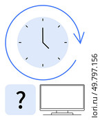 Clock face with arrow circling clockwise, question mark inside a square, computer monitor. Ideal for time management, productivity, deadline tracking, efficiency improvement, decision-making. Clock with Arrow Circle, Question Mark, and Monitor Representing Productivity Concepts. Стоковая иллюстрация, агентство Ingram Publishing / Фотобанк Лори