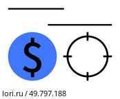 Black dollar sign inside blue circle next to black target icon with lines above. Ideal for financial strategies, business goals, investments, budgeting, savings, financial planning, achieving. Financial Target Concept with Dollar Sign and Target Icon in Blue and Black Colors. Стоковая иллюстрация, агентство Ingram Publishing / Фотобанк Лори