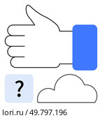 Thumbs up hand gesture with blue cuff, cloud, and question mark in shaded square. Ideal for feedback, approval, mystery, cloud storage, queries positive response decision making. Line metaphor. Thumbs Up Gesture with Question Mark and Cloud, Simple Line Art. Стоковая иллюстрация, агентство Ingram Publishing / Фотобанк Лори