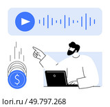Podcaster points to falling coins while audio playback is active. Ideal for podcasting, monetization, digital content creation, finance, marketing, online business, and broadcast media. Line metaphor. Podcaster pointing at falling coins as audio plays, engaging in monetization strategy and content creation. Стоковая иллюстрация, агентство Ingram Publishing / Фотобанк Лори