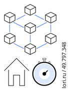 Networked cubes connected by blue lines, simple house outline, and minimalistic stopwatch. Ideal for technology, networking, time management, project planning, home improvement, efficiency. Network of Connected Cubes with House Outline and Clock Representing Time Management and Home Efficiency. Стоковая иллюстрация, агентство Ingram Publishing / Фотобанк Лори