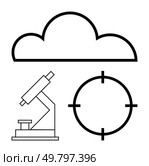 Cloud outline, microscope, target representing cloud computing, scientific research, precise targeting, data analysis, education, and technology. Ideal for tech presentations scientific research. Cloud Computing, Scientific Research, and Targeted Solutions Represented with Simple Line Art. Стоковая иллюстрация, агентство Ingram Publishing / Фотобанк Лори