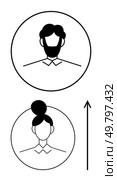 Two circular silhouettes of a bearded man and a bun-wearing woman connected by an upward arrow. Ideal for gender identity, transformation, equality, diversity, inclusion, progress, change. Line. Gender Transition Concept with Male and Female Silhouettes in Minimalist Design. Стоковая иллюстрация, агентство Ingram Publishing / Фотобанк Лори
