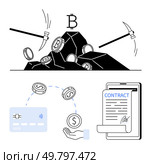Cryptocurrency coins extracted with pickaxes from mountain. Digital payment via credit card. Hand receiving money and signing contract on tablet. Ideal for finance, fintech, blockchain, crypto. Cryptocurrency mining, digital transactions, and electronic contract outlining modern financial operations. Стоковая иллюстрация, агентство Ingram Publishing / Фотобанк Лори