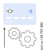 Credit card with EMV chip and contactless payment icon alongside two gears and an upward arrow. Ideal for finance, banking, technology, progress, digital transactions, fintech, innovation. Line. Credit Card with Contactless Payment and Gear Mechanisms Illustrates Financial and Technological Growth. Стоковая иллюстрация, агентство Ingram Publishing / Фотобанк Лори