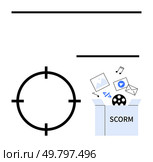Target symbol next to SCORM-labeled box containing multimedia icons thumbs up photos, videos, music, code. Ideal for e-learning, content management, standardization, training modules, focused. Concept of E-learning Content Standardization and Focused Learning Strategies. Стоковая иллюстрация, агентство Ingram Publishing / Фотобанк Лори