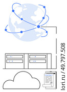 Globe linked with dots, data servers, cloud symbol, mobile device displaying contract. Ideal for technology, global networking, cloud storage, data security, online contracts digital transformation. Global Cloud-Based Data Storage and Digital Contracts for Secure Connectivity. Стоковая иллюстрация, агентство Ingram Publishing / Фотобанк Лори