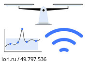 Scale data graph and wireless symbol merge science tech balance connectivity. Ideal for themes technology, data, analysis, communication, equilibrium, innovation, modernity. Line metaphor. Balancing Data Trends with Technology A Modern Approach to Equilibrium. Стоковая иллюстрация, агентство Ingram Publishing / Фотобанк Лори