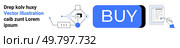 Large blue BUY button, touchscreen hand signature on contract, central flow diagram with icons. Ideal for e-commerce, technological transactions, online shopping, digital agreements, website. Digital Purchase Process with Purchase Button and Contract Signing Elements. Стоковая иллюстрация, агентство Ingram Publishing / Фотобанк Лори