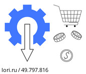 Blue gear, downward arrow, shopping cart, and coins. Ideal for economic efficiency, budget management, e-commerce, cost reduction, financial planning. Simple vector style emphasizes importance of. Economic Efficiency and Budget Management in E-commerce Platforms. Стоковая иллюстрация, агентство Ingram Publishing / Фотобанк Лори