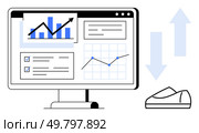 Computer monitor displaying various data visualizations including bar charts, line graphs, and a checklist. Ideal for business analytics, financial forecasting, market research, project management. Data analytics dashboard on computer screen with graphs, charts, and checklist, illustrating business growth. Стоковая иллюстрация, агентство Ingram Publishing / Фотобанк Лори