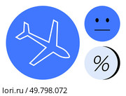 Airplane inside blue circle, neutral face, and percentage symbol as distinct visual elements. Ideal for travel, aviation, emotions, statistics, economics, finance, education. Line metaphor. Airplane, Neutral Face, and Percentage Symbols with Bold Blue and Black Accents. Стоковая иллюстрация, агентство Ingram Publishing / Фотобанк Лори