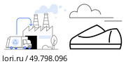 Recycling truck unloading materials at factory with smoke stacks releasing minimal emissions and simple shoe design illustration. Ideal for sustainability, eco-friendly production, recycling. Eco-friendly shoe manufacturing process with recycling truck and factory emitting minimal pollution. Стоковая иллюстрация, агентство Ingram Publishing / Фотобанк Лори