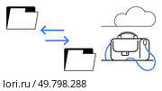 Two file folders with bidirectional arrows, cloud icon, and briefcase connected with a cable. Ideal for data transfer, cloud storage, online collaboration, document management, office mobility. Digital Document Transfer with Cloud Storage and Online File Management System. Стоковая иллюстрация, агентство Ingram Publishing / Фотобанк Лори