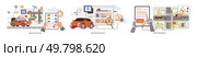 Autonomous cars, traffic management, predictive maintenance. Digital device controls, map with traffic signs. Ideal for smart transportation, urban planning, technology integration, automated systems. Autonomous Vehicles, Fleet Management, and Traffic Control Systems in Smart Cities. Стоковая иллюстрация, агентство Ingram Publishing / Фотобанк Лори