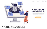 A robot with multiple arms extends from a computer screen, each arm holding a symbol representing technology queries and settings, while a person interacts with it. Ideal for technology, innovation. Friendly Robot Showing Chatbot Technology Interacting with a Person on Computer Screen. Стоковая иллюстрация, агентство Ingram Publishing / Фотобанк Лори