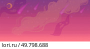 Colorful sky displaying stars, comets and clouds in a gradient backdrop transitioning from purple to pink. Ideal for fantasy themes, digital art, backgrounds, sci-fi concepts, dreamscapes. Abstract. Vibrant Night Sky with Stars, Comets and Clouds in Abstract Vector Art. Стоковая иллюстрация, агентство Ingram Publishing / Фотобанк Лори