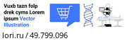 Shopping cart in a blue chat bubble, DNA double helix, robotic surgery on patient. Ideal for e-commerce, genetic research, medical innovation, technology advancement, future trends, healthcare. Online Shopping, DNA Research, and Robotic Surgery - A Tripartite Future of Technology and Science. Стоковая иллюстрация, агентство Ingram Publishing / Фотобанк Лори