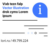 Text blocks with placeholder words, a blue circular information icon, and minimalist lines and dots design. Ideal for web design, UIUX, informational content, landing pages, modern design, simple. Information Page with Text Blocks, Circular Information Icon, and Minimalist Design Elements. Стоковая иллюстрация, агентство Ingram Publishing / Фотобанк Лори