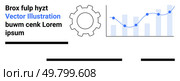 Gear icon adjacent to a bar chart with line graph. Ideal for data analysis, industrial reports, business presentations, technical documentation, statistical reviews, workshops, seminars. Landing page. Gear and Graph Elements for Data Analysis Presentation and Industrial Reports. Стоковая иллюстрация, агентство Ingram Publishing / Фотобанк Лори