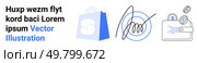 Blue shopping bag, digital signature, and wallet with coins. Ideal for e-commerce, online shopping, digital transactions, secure payments, fintech. Landing page. E-commerce and Digital Solutions with Online Shopping Bag, Signature, and Digital Wallet. Стоковая иллюстрация, агентство Ingram Publishing / Фотобанк Лори