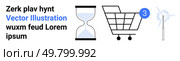 Text with blue hyperlink, sand hourglass, shopping cart with notification, wind turbine. Ideal for e-commerce, countdown, sustainability, technology, shopping, renewable energy, notifications. E-commerce Shopping Cart, Hourglass, Wind Turbine Concept for Business and Sustainability. Стоковая иллюстрация, агентство Ingram Publishing / Фотобанк Лори