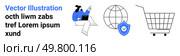 Businesswoman using a laptop, pointing at text with a pen. Globe icon representing global connections, security shield highlighting online safety, and shopping cart symbolizing e-commerce. Ideal. Businesswoman working on laptop with globe, security shield, and shopping cart icons indicating e-commerce. Стоковая иллюстрация, агентство Ingram Publishing / Фотобанк Лори