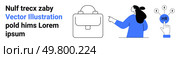 Woman pointing at HR symbol with question marks, modern briefcase representing business tools. Ideal for HR, career, recruitment, business management, staff training, onboarding, corporate websites. Female pointing at HR symbol, modern briefcase. Highlighting human resources and business tools. Стоковая иллюстрация, агентство Ingram Publishing / Фотобанк Лори