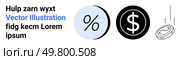 Percentage symbol in blue circle, dollar sign in black circle, and falling coin with motion lines. Ideal for finance, banking, investment, economics, budgeting, marketing, and presentations. Landing. Financial Symbols Dollar Sign, Percentage, and Falling Coin. Стоковая иллюстрация, агентство Ingram Publishing / Фотобанк Лори
