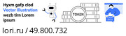 Robot greeting, cryptocurrency coin stacks labeled TOKEN, person with cash back illustration. Ideal for finance, technology, blockchain, AI, fintech, digital marketing, and rewards programs. Landing. Futuristic Robot, Digital Currency Stacks, and Cash Back Program Graphics. Стоковая иллюстрация, агентство Ingram Publishing / Фотобанк Лори