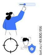 Person adjusting a toggle switch, a circular target symbol, user profile outline, shield with a checkmark icon. Ideal for UX design, user settings, security, personalization, target audience. Adjusting Settings Concept with User, Target, Functional Toggle and Security Shield. Стоковая иллюстрация, агентство Ingram Publishing / Фотобанк Лори