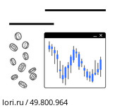 Bar chart with candlestick patterns inside a browser window, surrounded by falling dollar coins. Ideal for financial analysis, stock trading, investment strategy, economic reports, market research. Analyzing Stock Market Trends with Bar Chart and Falling Coins Depicting Financial Volatility. Стоковая иллюстрация, агентство Ingram Publishing / Фотобанк Лори