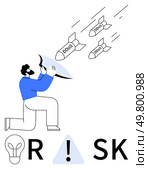 Man kneeling, holding shield up to defend against incoming DDoS missiles above. Ideal for cybersecurity, risk management, data protection, IT security, threat defense, internet safety, digital risk. Man defending against DDoS attacks with shield above the word RISK represented with various symbols. Стоковая иллюстрация, агентство Ingram Publishing / Фотобанк Лори