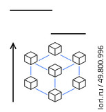 Cubes interconnected by lines surrounded by an upward arrow. Ideal for technology, decentralization, blockchain, growth, innovation, networking, scalability themes. Line metaphor. Blockchain Network Concept with Cubes and Connecting Lines Illustrating Decentralization and Growth. Стоковая иллюстрация, агентство Ingram Publishing / Фотобанк Лори