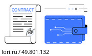 Contract scroll with signature next to electronic wallet in shades of blue and white. Ideal for secure transactions, e-commerce, fintech, blockchain, digital agreements, online payments. Digital Contract Signing with Electronic Wallet Concept for Secure Transactions. Стоковая иллюстрация, агентство Ingram Publishing / Фотобанк Лори