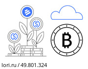 Stacked coins topped with cryptocurrency icons growing as plants symbolize investment growth, cloud storage above, large Bitcoin symbol on the right. Ideal for financial growth, digital economy. Cryptocurrencies Growing on Trees with Bitcoin Coin and Cloud Storage Symbol. Стоковая иллюстрация, агентство Ingram Publishing / Фотобанк Лори