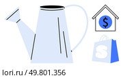 Large watering can with adjacent house featuring a dollar sign inside and a shopping bag with an S. Ideal for home improvement, financial growth, gardening, shopping, real estate investment. Simple. Watering Can with House and Shopping Bag for Home and Financial Growth. Стоковая иллюстрация, агентство Ingram Publishing / Фотобанк Лори
