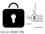 A large black lock beside a Bitcoin symbol with circuit lines extending from it. Ideal for finance, security, digital currency, technology, and blockchain. Minimalist vector style. Secure Bitcoin Technology Concept with Lock and Crypto Circuitry. Стоковая иллюстрация, агентство Ingram Publishing / Фотобанк Лори