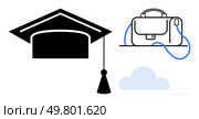 Graduation cap and tassel, briefcase connected by a blue line, and a cloud. Ideal for education, career advancement, academic success, professional development, transitioning, job readiness. Graduation Cap with Briefcase and Cloud, Symbolizing Education to Career Progression Journey. Стоковая иллюстрация, агентство Ingram Publishing / Фотобанк Лори