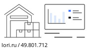 Warehouse icon with stacked boxes beside a screen showing a bar graph and bullet points. Ideal for logistics, shipping, supply chain, inventory management, e-commerce, business analytics, operational. Warehouse with stacked boxes and data analysis on screen depicting inventory management. Стоковая иллюстрация, агентство Ingram Publishing / Фотобанк Лори