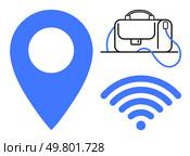 Blue location pin, briefcase with strap, and wireless signal. Ideal for travel, business, remote work, digital nomads, connectivity, navigation, and networking. Line metaphor. Blue Location Pin, wireless Signal, and Briefcase Representing Connectivity, Travel, and Business. Стоковая иллюстрация, агентство Ingram Publishing / Фотобанк Лори