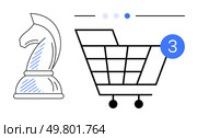 Chess knight piece standing next to a shopping cart with three-item notification alert. Ideal for illustrating e-commerce strategies, online retail, shopping habits, digital marketing, sales tactics. Chess knight piece and shopping cart with notification badge representing strategy in online shopping. Стоковая иллюстрация, агентство Ingram Publishing / Фотобанк Лори