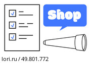 Checklist with blue checkmarks, a telescope, and a blue speech bubble with the word Shop. Ideal for business, retail, planning, management, and strategy topics. Simple vector style. Retail Planning and Management Theme with Checklist, Telescope, and Shop Text. Стоковая иллюстрация, агентство Ingram Publishing / Фотобанк Лори