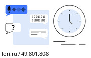 Speech bubble with voice input, binary code, text messages, and question mark. Large clock showing time. Ideal for AI, chatbots, voice recognition, business productivity, tech interfaces. AI Chatbot and Voice Recognition with Digital Clock for Efficient Time Management in Business. Стоковая иллюстрация, агентство Ingram Publishing / Фотобанк Лори