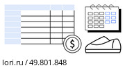 Spreadsheet, calendar, dollar sign and shoe visualize budgeting process. Ideal for finance, budgeting, planning, personal finance, scheduling, expenditure tracking, and financial education. Line. Financial planning concept with spreadsheet, calendar, dollar sign, and shoe symbolizing budget mapping. Стоковая иллюстрация, агентство Ingram Publishing / Фотобанк Лори