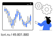 Woman points to candlestick chart displayed on window with gears in background. Ideal for financial analysis, technical charting, data visualization, business presentations, and stock market. Graph Analysis with Woman Showing Technical Chart and Gears in Background. Стоковая иллюстрация, агентство Ingram Publishing / Фотобанк Лори
