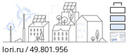 Buildings with solar panels and wind turbines powering urban setting, trees, time-of-day indicators, battery levels, and analytics. Ideal for renewable energy, smart cities, sustainability, green. Urban renewable energy sources with wind turbines and solar panels in a city landscape. Стоковая иллюстрация, агентство Ingram Publishing / Фотобанк Лори