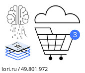 Neural network powering cloud-based online shopping cart with layers of data and binary code. Ideal for AI, machine learning, ecommerce, technology, online shopping, data analysis, cloud computing. AI-powered Cloud Integration for Smart Online Shopping with Neural Network and Cart Icon. Стоковая иллюстрация, агентство Ingram Publishing / Фотобанк Лори